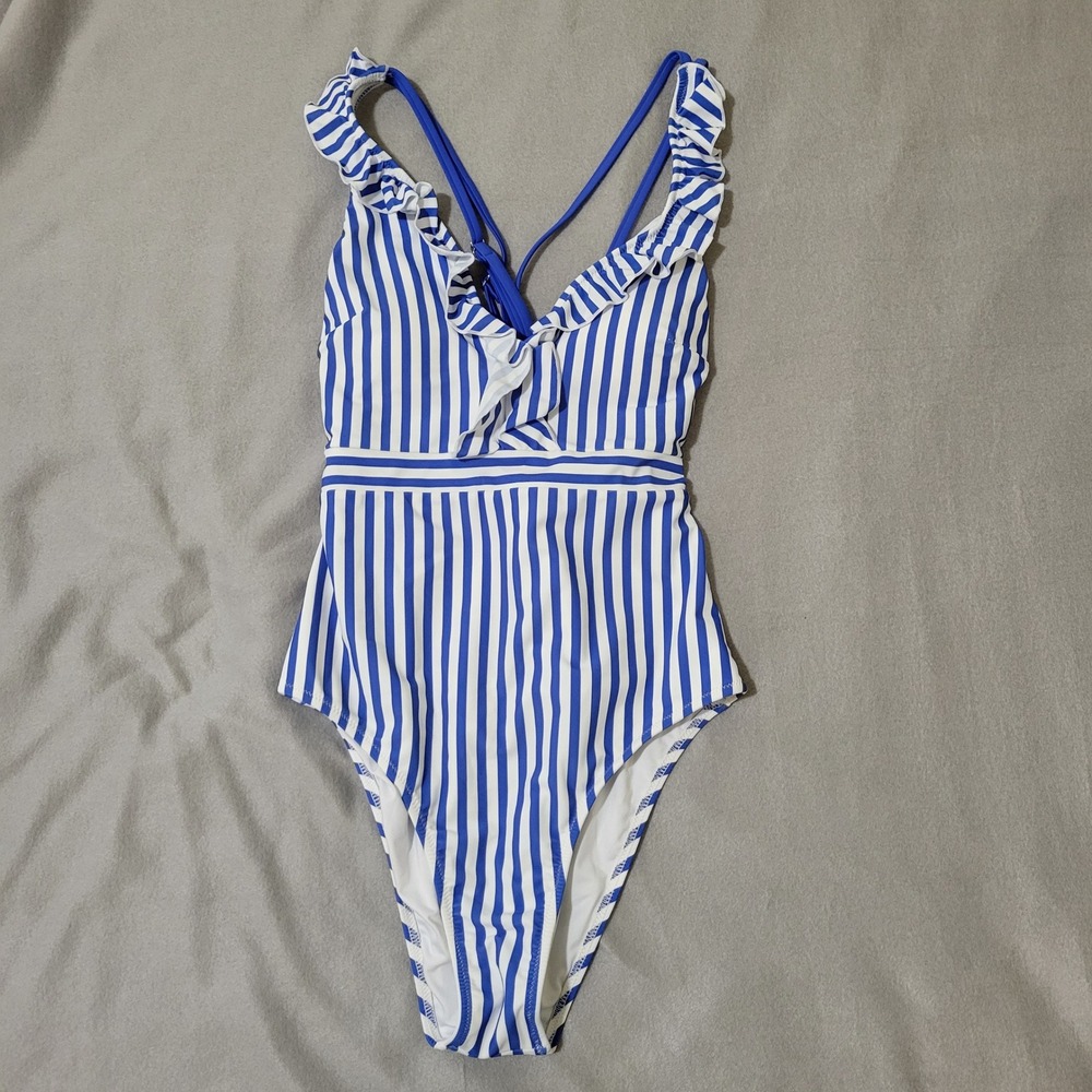 Cupshe Womens Blue White Striped‎ Ruffle V-Neck One Piece Swimsuit Size M NEW